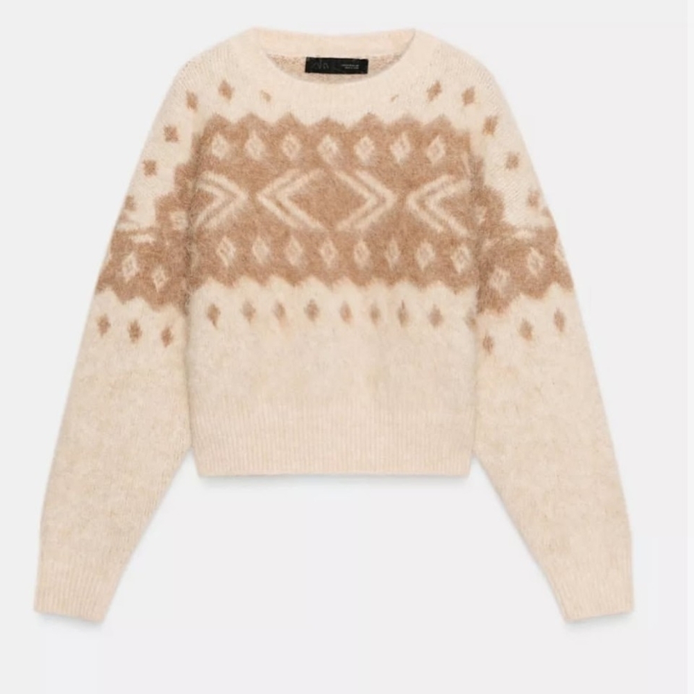 NWT Zara Brushed Fair Isle Abstract Geometric Crewneck Sweater In Ivory/Tan - XS - Picture 3 of 7